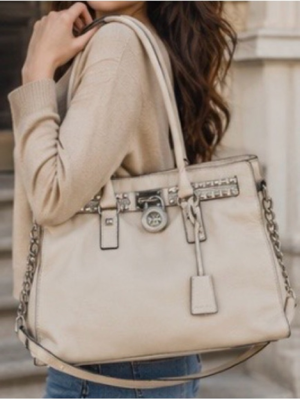 Michael Kors Rock N Roll Studded Leather Hamilton Satchel Oyster Bag EUC